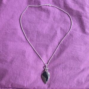 Vintage Teardrop Black Manganese Agate 1.5" Pendant Set In Silver With 18" Chain